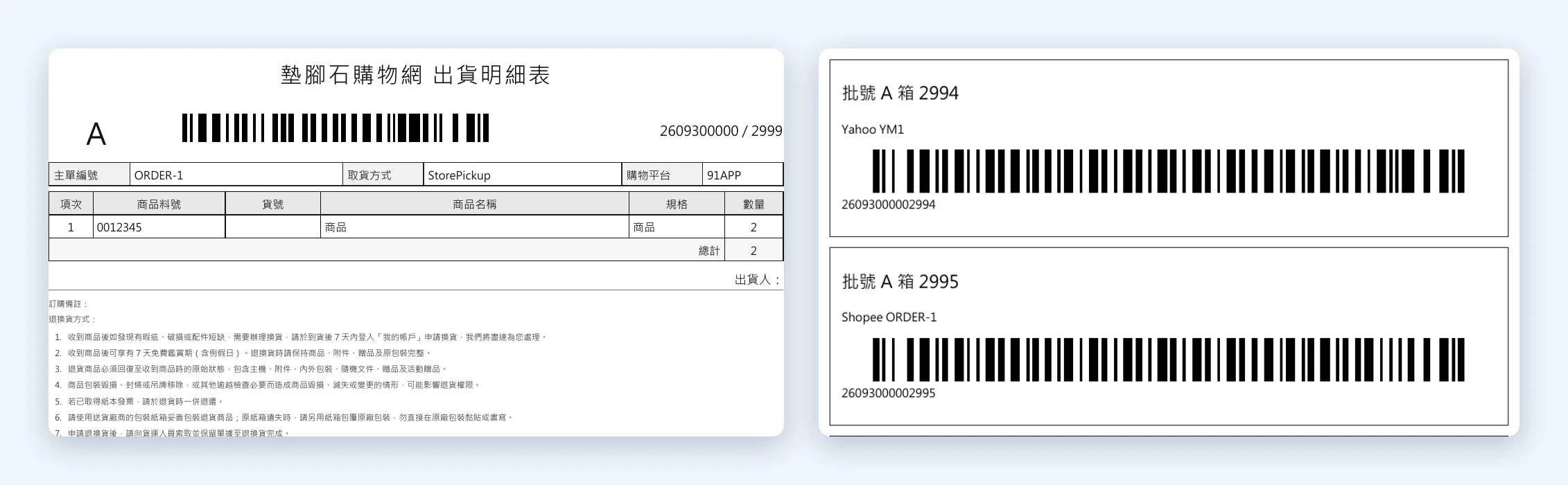 墊腳石購物網的出貨明細表與箱號標籤