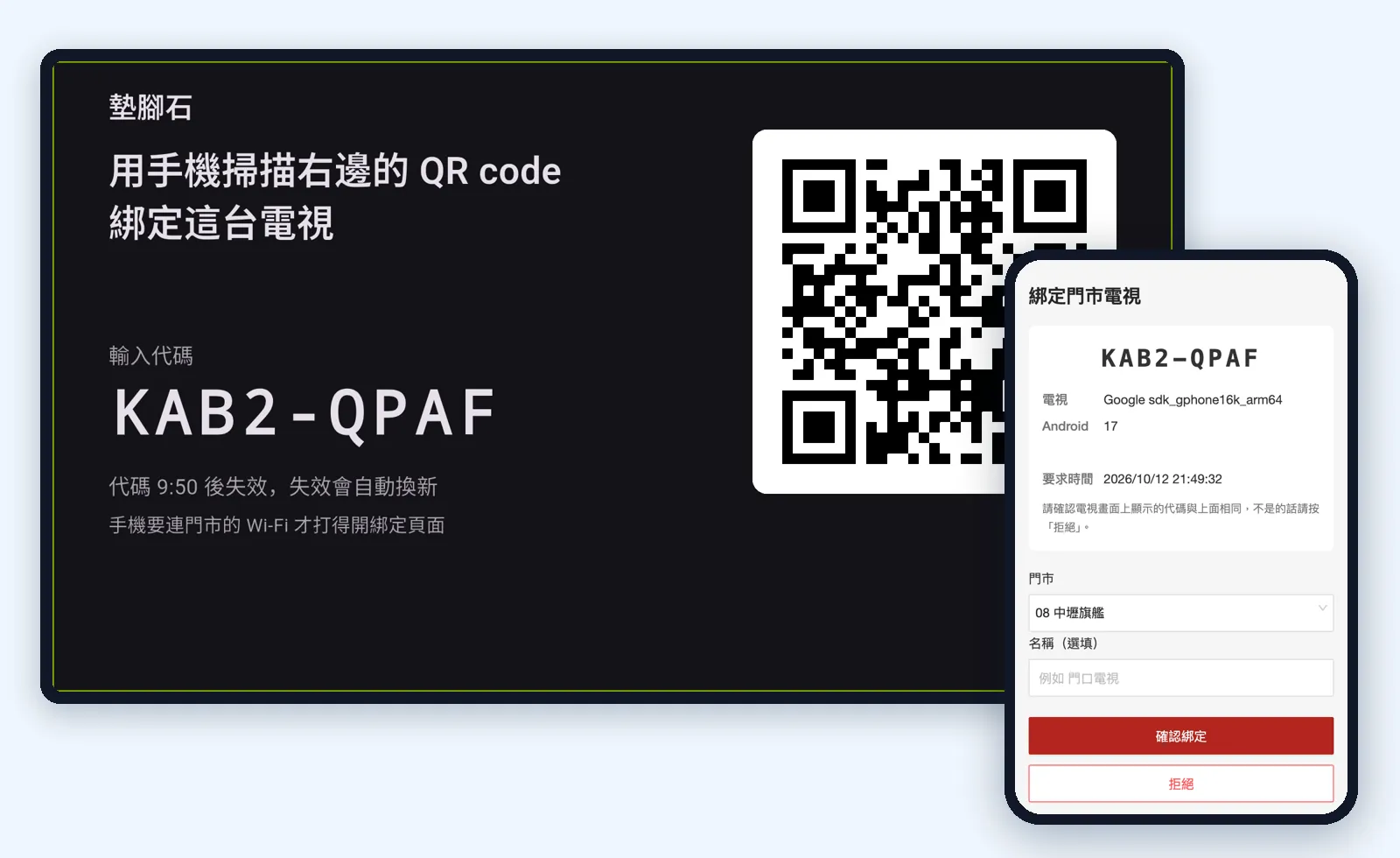 電視顯示配對 QR 碼與代碼，旁邊的手機正在確認綁定門市